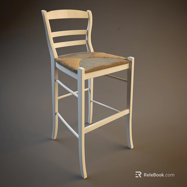 Simple Modern Bar Stool With White Frame Woven Seat And Slatted Backrest 3d model