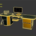 Modern Office Desk Design With Green Desktop Yellow Drawers Computer Monitor Mouse And Keyboard