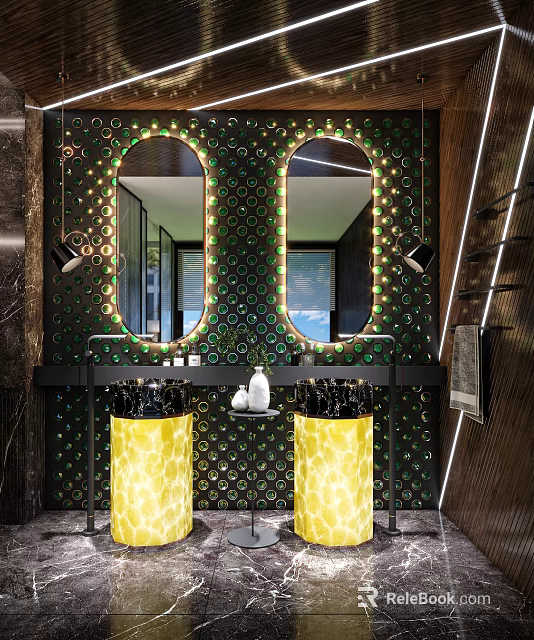 Modern Public Restroom Interior With Double Round Mirrors Green Patterned Wall And Yellow Pedestal Sinks 3d model 