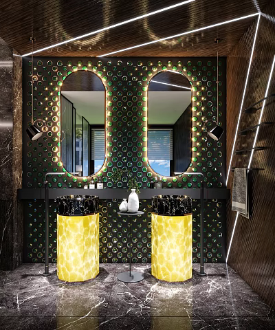 Modern Public Restroom Interior With Double Round Mirrors Green Patterned Wall And Yellow Pedestal Sinks 3d model