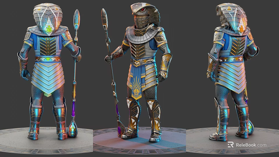 Snake Headed Egyptian Warrior in Ornate Armor Holding Spear with Blue Gold Details 3d model 