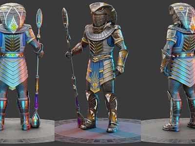 Snake Headed Egyptian Warrior in Ornate Armor Holding Spear with Blue Gold Details 3d model