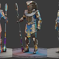 Snake Headed Egyptian Warrior in Ornate Armor Holding Spear with Blue Gold Details