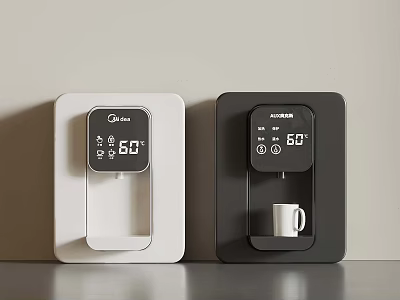 White And Black Water Dispensers With Digital Display Showing 60 Degrees And Cup 3d model