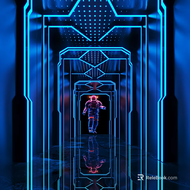 Futuristic Bar Interior Featuring Blue Neon Lights Astronaut Walking On Reflective Corridor Floor 3d model 