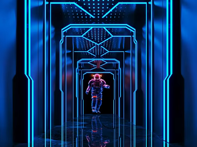 Futuristic Bar Interior Featuring Blue Neon Lights Astronaut Walking On Reflective Corridor Floor 3d model