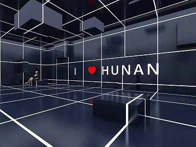 Black And White Exhibition Hall Interior Design With I Love Hunan Sign And Geometric Lines 3d model