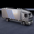 Gray Box Truck With Blue Stripes And Modern Body Design For Transport