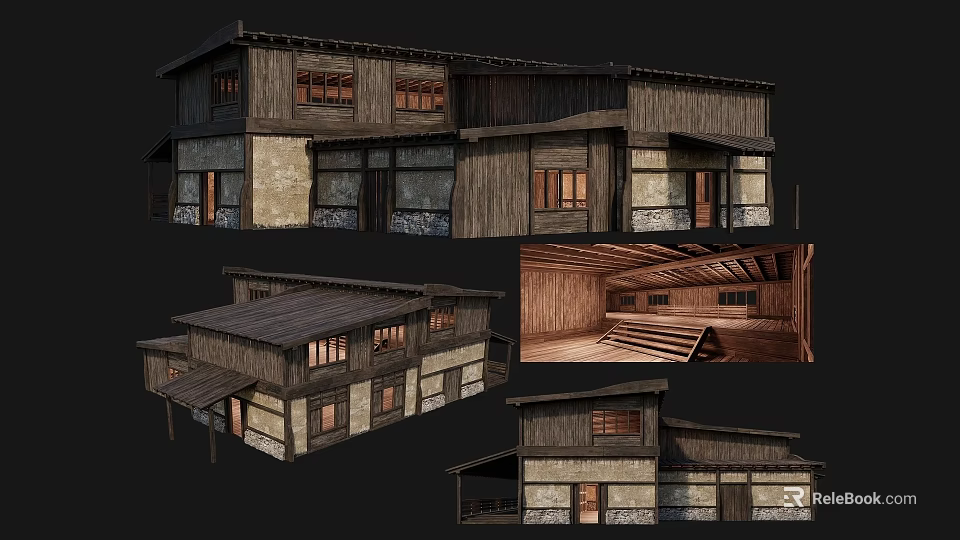 Traditional Ancient Building Wooden Structure Classic Roof Stone Walls And Interior Design 3d model 
