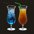 Two Refreshing Blue and Orange Drinks in Tall Glasses with Ice Cubes and Straws