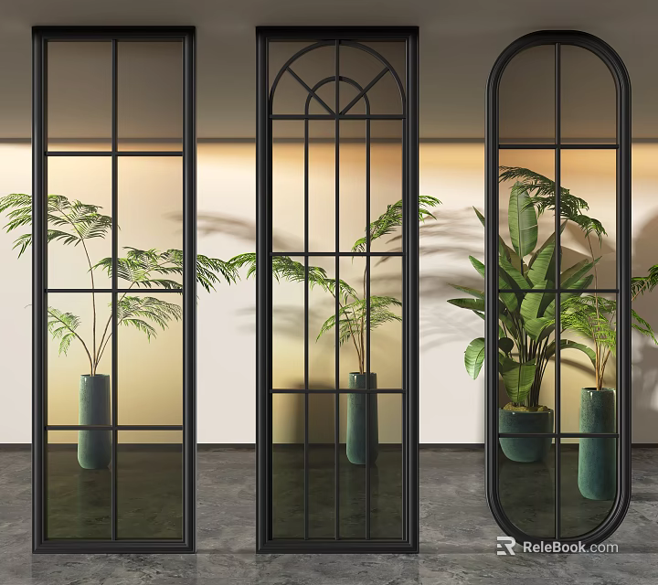 Modern Black Frame Glass Room Dividers With Arched Oval Design And Indoor Plants 3d model 