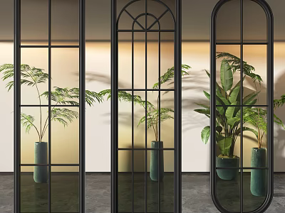 Modern Black Frame Glass Room Dividers With Arched Oval Design And Indoor Plants 3d model
