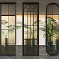 Modern Black Frame Glass Room Dividers With Arched Oval Design And Indoor Plants