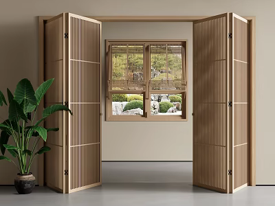 Folding Wooden Doors With Vertical Slats In Japanese Style With Bamboo Blinds And Garden 3d model