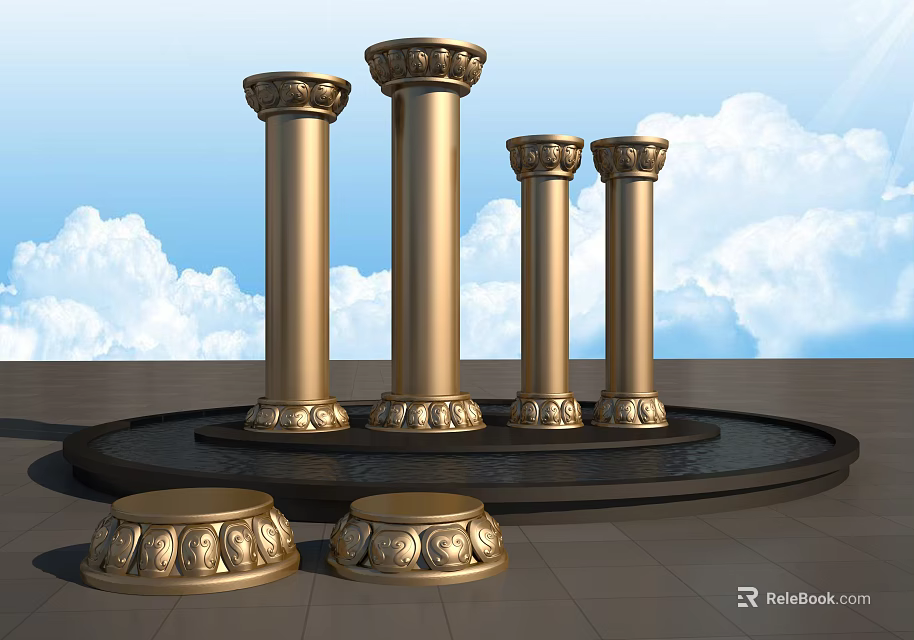 Ornate Golden Columns With Decorative Bases Against Blue Sky And Clouds 3d model 