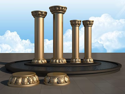 Ornate Golden Columns With Decorative Bases Against Blue Sky And Clouds 3d model