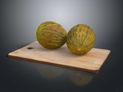 Two Fresh Yellow Green Striped Melons Placed on a Wooden Cutting Board 3d model