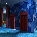 Stylish Bar Interior Design With Blue Wavy Ceiling Decorative Columns Round Tables And Cozy Chairs