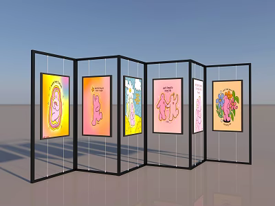 Foldable Black Frame Display Shelves Displaying Colorful Art Posters in Exhibition Setup 3d model