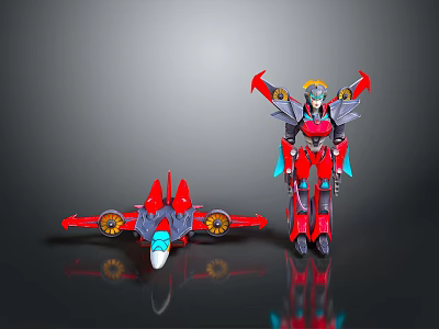 Transformable Red Robot Toy With Aircraft Model And Humanoid Figure Design 3d model