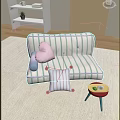 Green White Striped Sofa Living Room With Pink Heart Blue Pillows And Small Yellow Table