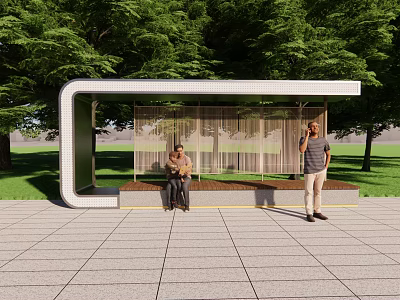 Modern Outdoor Pergola With Wooden Lattice Bench Green Trees And Gray Floor Tiles 3d model