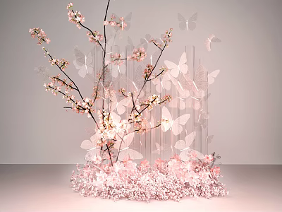 Art Installation With Pink Flower Branches Transparent Butterflies Pink Petal Base And Light Background 3d model