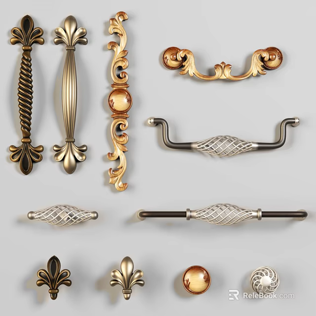 Various Decorative Metal Handles With Intricate Patterns And Classic Modern Styles 3d model