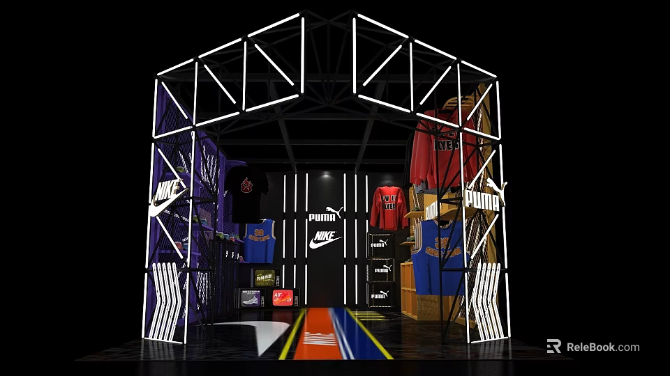 Modern Sportswear Display Space With Neon Geometric Frame And Nike Apparel 3d model 