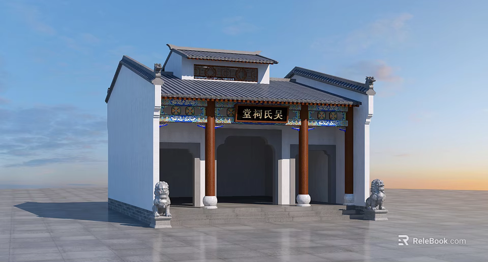 Ancient Chinese Architecture Gateway With Tiled Roof Red Columns Stone Lions And Inscribed Plaque 3d model 