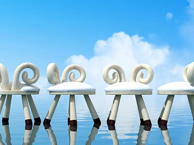 White Children's Chairs Spiral Backrest Dark Non Slip Pads Blue Sky Clouds Water Reflection 3d model