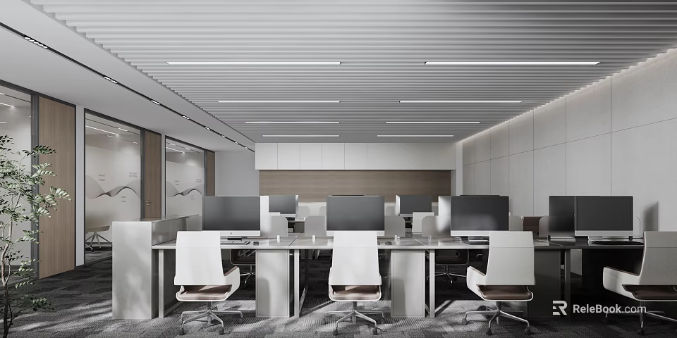 Spacious Modern Public Office Workspace With Desks Computers White Chairs And Linear Ceiling Lights 3d model