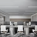 Spacious Modern Public Office Workspace With Desks Computers White Chairs And Linear Ceiling Lights 3d model