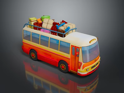 Orange and White Bus with Luggage Stacked on Roof Windows and Doors 3d model
