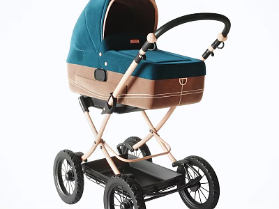 Stylish Teal And Brown Baby Stroller With Beige Frame And Black Wheels 3d model