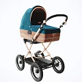 Stylish Teal And Brown Baby Stroller With Beige Frame And Black Wheels