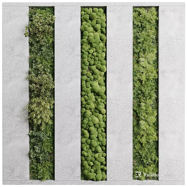 Living Plant Wall Design With Various Green Plants And White Concrete Strips 3d model 