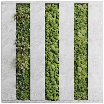 Living Plant Wall Design With Various Green Plants And White Concrete Strips 3d model