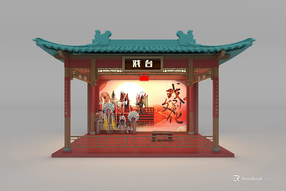 Ancient Chinese Architecture Traditional Stage With Green Roof Red Platform And Opera Elements 3d model 