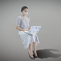 Woman Sitting And Using Laptop Wearing Patterned Dress Mask With Black High Heels