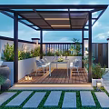 Modern Courtyard Garden With Pergola Wooden Deck And Plants