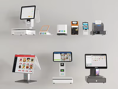 Various Commercial POS Equipment Including Touchscreen Terminals Displays And Receipt Printers 3d model