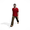 A man wearing red T shirt and brown pants walking against white background