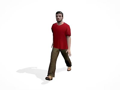 A man wearing red T shirt and brown pants walking against white background 3d model