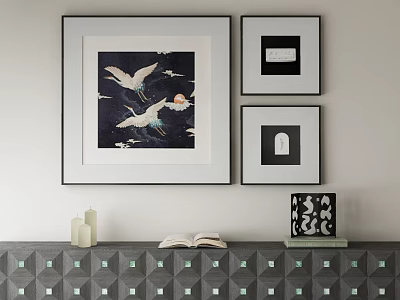 Abstract Paintings With Crane Motifs And Geometric Designs Hanging In Living Room Interior 3d model
