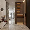 Modern Entryway Hallway With Wooden Panels Black Door Recessed Lighting And Marble Flooring