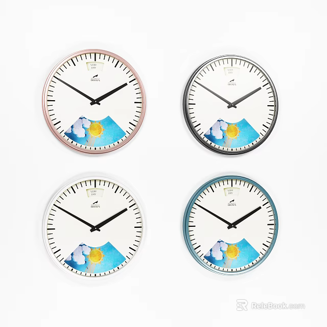 Stylish Wall Clocks With Various Colored Frames And Mount Fuji Sun Design 3d model 