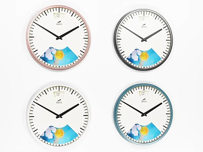 Stylish Wall Clocks With Various Colored Frames And Mount Fuji Sun Design 3d model