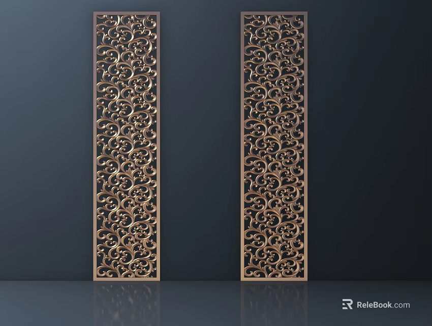 Two Tall Carved Wooden Panels With Ornate Floral Designs On Dark Wall 3d model 