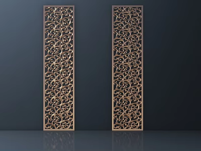 Two Tall Carved Wooden Panels With Ornate Floral Designs On Dark Wall 3d model
